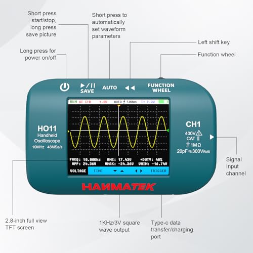 HANMATEK HO11 Handheld Digital Oscilloscope - 10MHz Bandwidth, 48MSa/s High-Precision Sampling, 2.8" TFT Display, USB Rechargeable, Advanced Trigger System, Portable for Fieldwork HANMATEKTOOLS