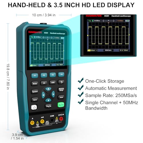 HANMATEK 3 in 1 Handheld Oscilloscope Multimeter,Waveform Generator HO51 with 3.5" TFT Oscilloscop, Auto-Calibration Function, Memory Function, Multi Tester HANMATEKTOOLS