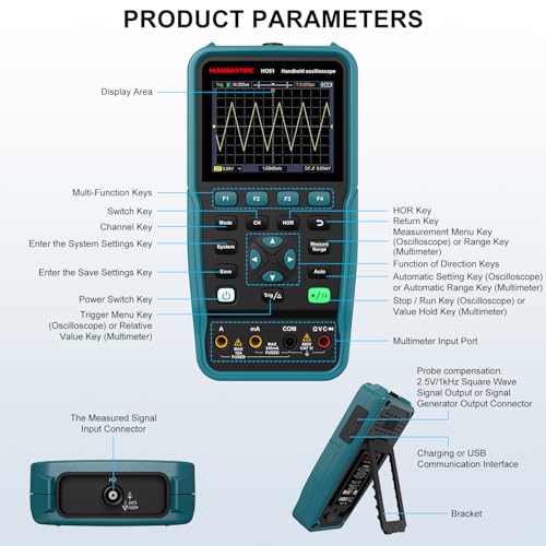 HANMATEK 3 in 1 Handheld Oscilloscope Multimeter,Waveform Generator HO51 with 3.5" TFT Oscilloscop, Auto-Calibration Function, Memory Function, Multi Tester HANMATEKTOOLS