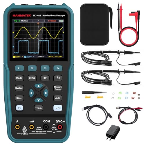 HANMATEK 3 in 1 Handheld Oscilloscope Multimeter 100Mhz Waveform Generator Oscilloscope with 2 Channels 3.5"TFT, HO102S Professional oscilloscope Multimeter with Memory Function HANMATEKTOOLS