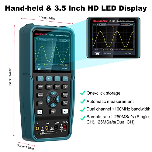 HANMATEK 3 in 1 Handheld Oscilloscope Multimeter 100Mhz Waveform Generator Oscilloscope with 2 Channels 3.5"TFT, HO102S Professional oscilloscope Multimeter with Memory Function HANMATEKTOOLS
