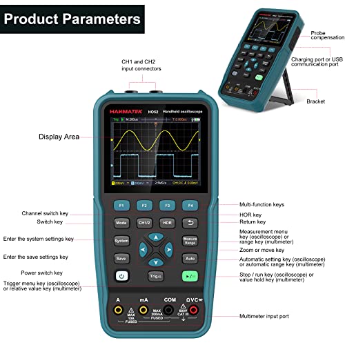 HANMATEK Handheld Digital Oscilloscope 50Mhz Bandwidth with 2 Channels HO52 3.5" TFT Mini Oscilloscope, 2 in 1 Oscilloscope and Multimeter, Backlit Screen, Auto-Calibration Function, Memory Function HANMATEKTOOLS