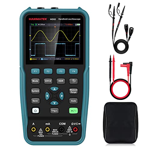 HANMATEK Handheld Digital Oscilloscope 50Mhz Bandwidth with 2 Channels HO52 3.5" TFT Mini Oscilloscope, 2 in 1 Oscilloscope and Multimeter, Backlit Screen, Auto-Calibration Function, Memory Function HANMATEKTOOLS
