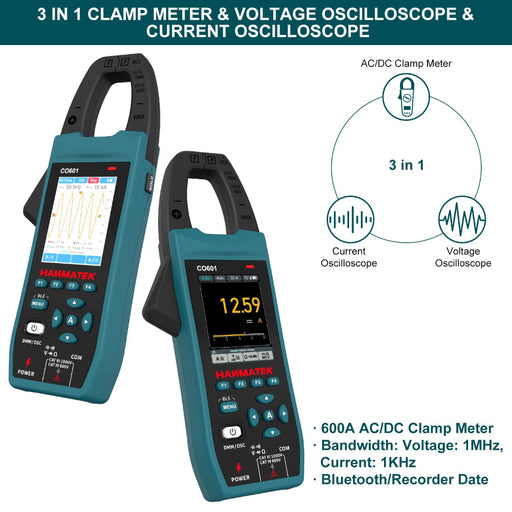 HANMATEK CO601 Clamp Oscilloscope, 5MSa/s Sampling Rate, 1MHz Bandwidth, 600A AC/DC Current Measurement, 1000V Voltage Detection, True RMS, Auto/Manual Range, Bluetooth Data Logging