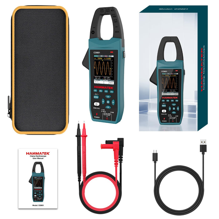 HANMATEK CO601 Clamp Oscilloscope, 5MSa/s Sampling Rate, 1MHz Bandwidth, 600A AC/DC Current Measurement, 1000V Voltage Detection, True RMS, Auto/Manual Range, Bluetooth Data Logging