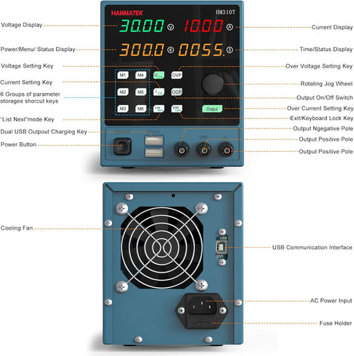 Programmable DC Power Supply (0-30 V 0-10 A) HM310T High Precision 4-Digit Voltage Current Power Time Display Variable Switching Digital Power Supply with PC Software and USB Interface