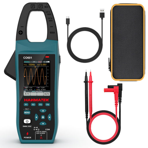HANMATEK CO601 Clamp Oscilloscope, 5MSa/s Sampling Rate, 1MHz Bandwidth, 600A AC/DC Current Measurement, 1000V Voltage Detection, True RMS, Auto/Manual Range, Bluetooth Data Logging