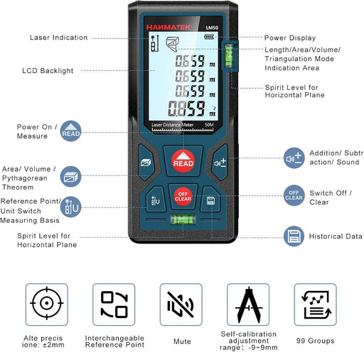 165ft/50m Laser Measure Ft/in/M Switching LM50 Laser Measurement Tool Devices with 2 Bubble Levels Distance Meter,Large Backlit LCD