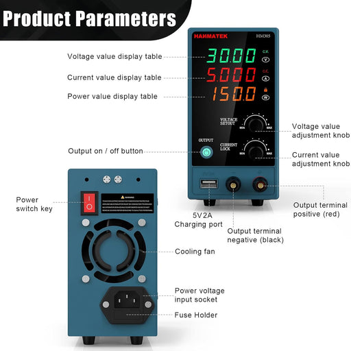 Adjustable DC Power Supply (0-30 V 0-5 A) with Output Enable/Disable Button HANMATEK HM305 Mini Variable Switching Digital Bench Power Supply