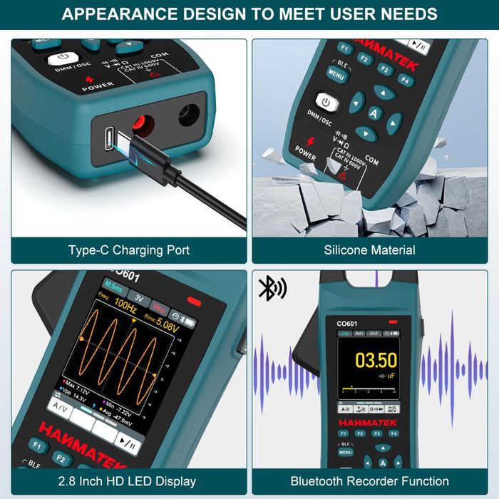 HANMATEK CO601 Clamp Oscilloscope, 5MSa/s Sampling Rate, 1MHz Bandwidth, 600A AC/DC Current Measurement, 1000V Voltage Detection, True RMS, Auto/Manual Range, Bluetooth Data Logging