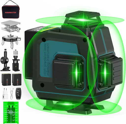 40M Self-Leveling Laser Level, 4x360° Cross Green Laser Line, Pulse Mode Line Laser Levels, Horizontal and Vertical Self-Leveling 16 Lines, IP54 Waterproof with 2 Batteries Remote Control