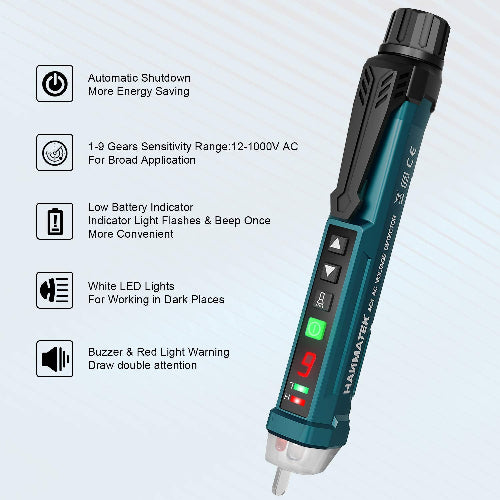 Non-Contact Voltage Tester with 9 Gear Adjustable Sensitivity Voltage Detector AC Circuit Tester Tool LCD Display LED Flashlight Buzzer Alarm Range12V-1000V & Live/Null Wire Judgment AC1