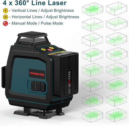 40M Self-Leveling Laser Level, 4x360° Cross Green Laser Line, Pulse Mode Line Laser Levels, Horizontal and Vertical Self-Leveling 16 Lines, IP54 Waterproof with 2 Batteries Remote Control