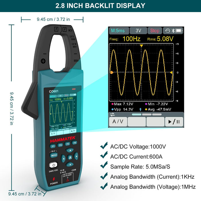 HANMATEK CO601 Clamp Oscilloscope, 5MSa/s Sampling Rate, 1MHz Bandwidth, 600A AC/DC Current Measurement, 1000V Voltage Detection, True RMS, Auto/Manual Range, Bluetooth Data Logging