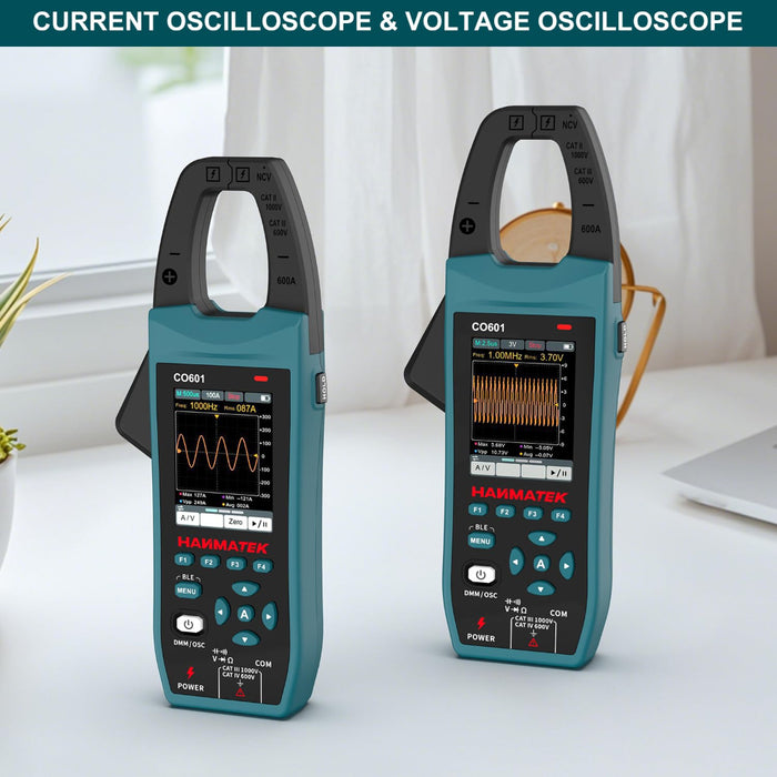 HANMATEK CO601 Clamp Oscilloscope, 5MSa/s Sampling Rate, 1MHz Bandwidth, 600A AC/DC Current Measurement, 1000V Voltage Detection, True RMS, Auto/Manual Range, Bluetooth Data Logging