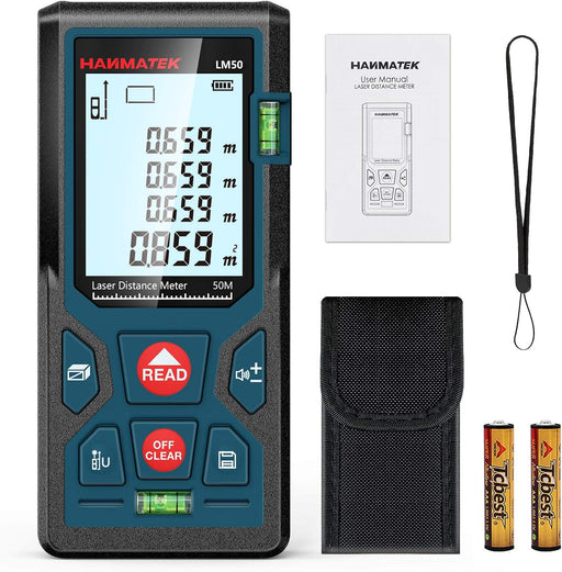165ft/50m Laser Measure Ft/in/M Switching LM50 Laser Measurement Tool Devices with 2 Bubble Levels Distance Meter,Large Backlit LCD