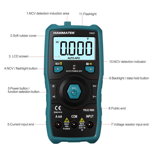 HANMATEK Digital Multimeter Auto-Ranging Voltmeter 6000 Counts TRMS Smart Electrical Tester with Non-Contact Voltage Function NCV Measures AC/DC Voltage&Current Resistance Continuity